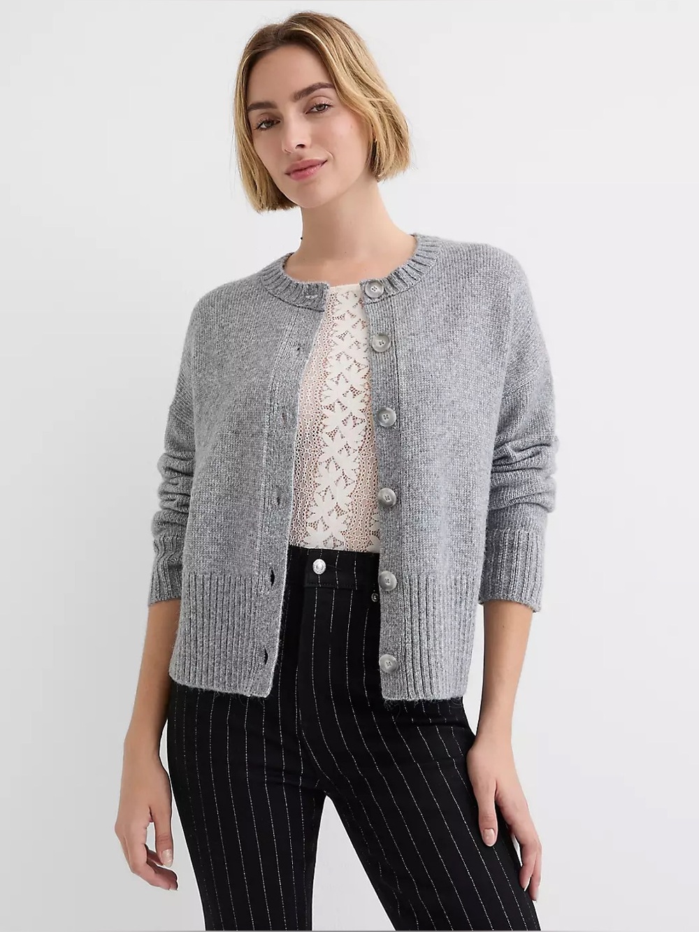 4/$25 SALE LOFT Gray Button-Front Ribtrim Crewneck Cardigan